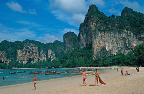 People, longtail boats, beach, Railay West, two years in front of the tsunami, Krabi, Thailand,