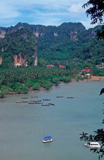 Mountains, sea, beach, boats, view of Railay East from the viewpoint, two years in front of the