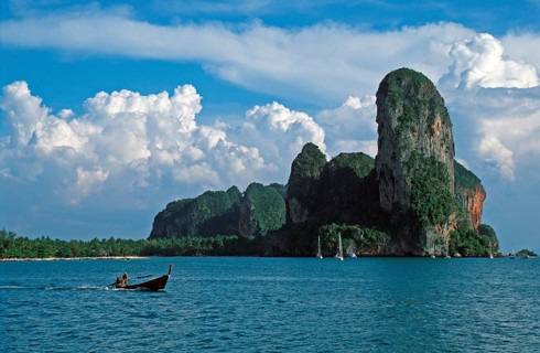 Longtail boat, rocks in the sea, Railay East, two years in front of the tsunami, Krabi, Thailand,