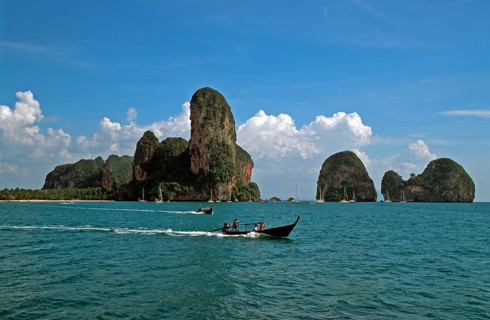 Longtail boats, rocks in the sea, Railay East, two years in front of the tsunami, Krabi, Thailand,