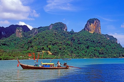 Mountains, sea, longtail boat, two years in front of the tsunami, Railay East, Krabi, Thailand,