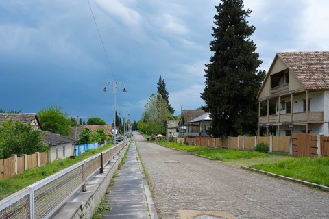 Rural paved road with wooden houses and tall trees under a cloudy sky, village founded by Caucasian
