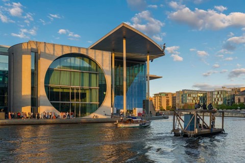 Marie-Elisabeth-Lüders-Haus in the evening light on the Spree in the government district, Berlin