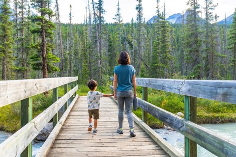 Mother and son holding hands, enjoying a leisurely hike across a wooden bridge, surrounded by the