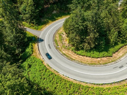 Bird's eye view of a car on a winding road through a dense forest, deer e-car sharing, Cupra