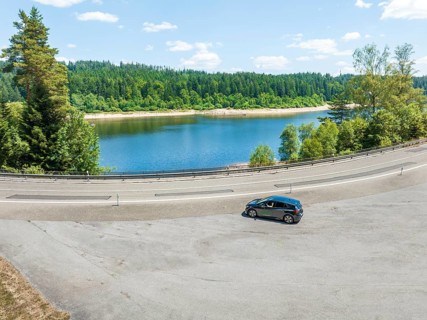 A black car drives along a lake, surrounded by a forest, in clear skies, deer e-car sharing, Cupra