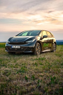 Black car standing in a meadow, golden sky in the background, Deer e-car sharing, Cupra electric