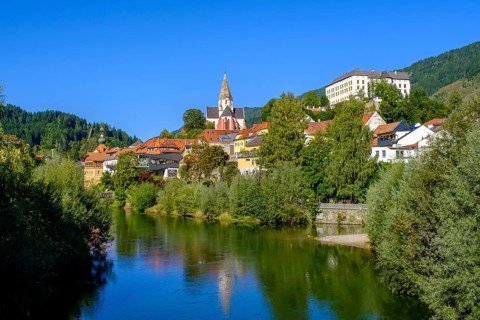 Murau with Obermurau Castle and St. Matthew Church, Mur River, Styria, Austria