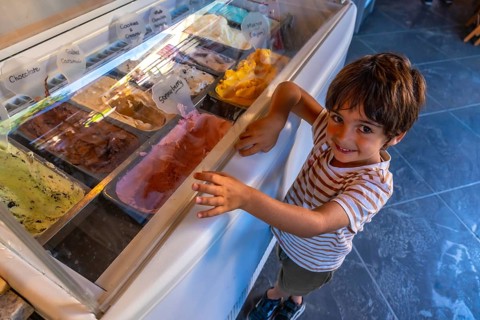 Young boy smiling while selecting his favorite ice cream flavor from a colorful display fridge in