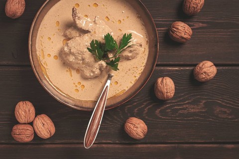 Satsivi, Georgian dish, chicken in nut sauce, cold appetizer, rustic, no people, homemade