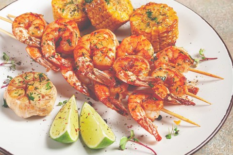Tiger prawns on skewers, shrimp kebab, with corn, fried, homemade, no people