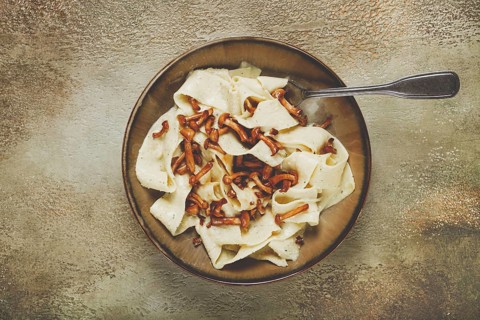 Pasta papardelle, in creamy garlic sauce, with mushrooms, traditional Italian cuisine, pasta