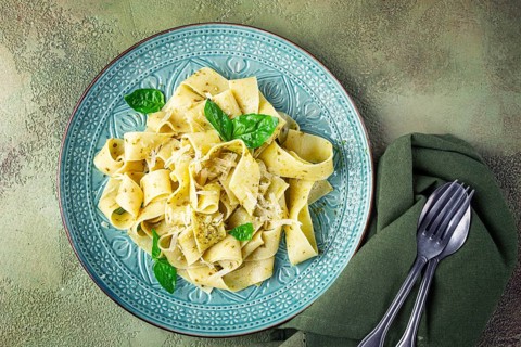 Pasta papardelle, with pesto and parmesan cheese, homemade, no people