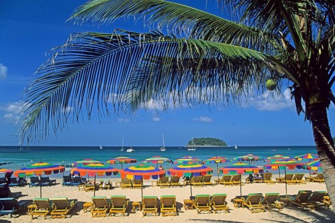 Umbrellas, palm tree, island, Kata Beach, two years in front of the tsunami, Ko Phuket, Thailand,