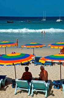 People, umbrellas, boats, Kata Beach, two years in front of the tsunami, Ko Phuket, Thailand,
