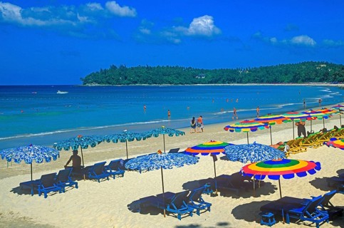 People, umbrellas, Kata Beach, two years in front of the tsunami, Ko Phuket, Thailand, December