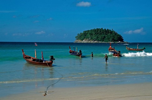 Longtail boats, island, Kata Beach, two years in front of the tsunami, Ko Phuket, Thailand,