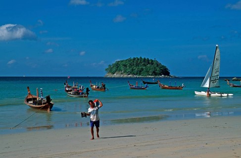 Longtail boats, people, island, Kata Beach, two years in front of the tsunami, Ko Phuket, Thailand,
