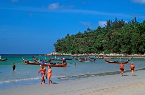 Longtail boats, people, Kata Beach, two years in front of the tsunami, Ko Phuket, Thailand,
