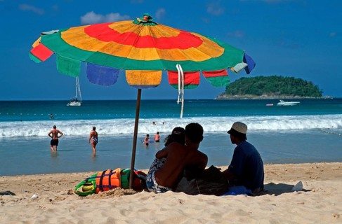 People, parasol, island, Kata Beach, two years in front of the tsunami, Ko Phuket, Thailand,