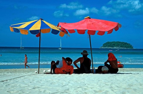 People, umbrellas, island, Kata Beach, two years in front of the tsunami, Ko Phuket, Thailand,