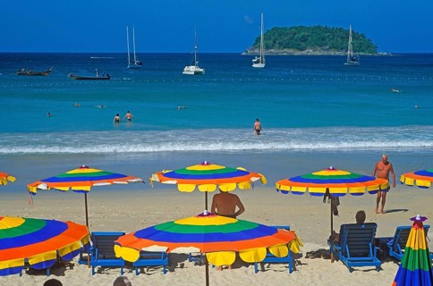 People, umbrellas, boats, island, Kata Beach, two years in front of the tsunami, Ko Phuket,