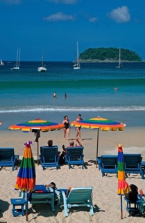 People, umbrellas, boats, island, Kata Beach, two years in front of the tsunami, Ko Phuket,