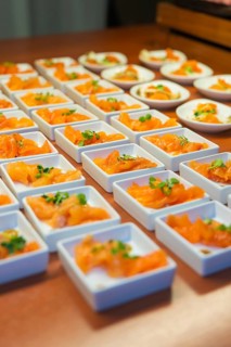 Fresh salmon starter in small square bowls, Christmas party Dekra Congresshotel Wart, Calw