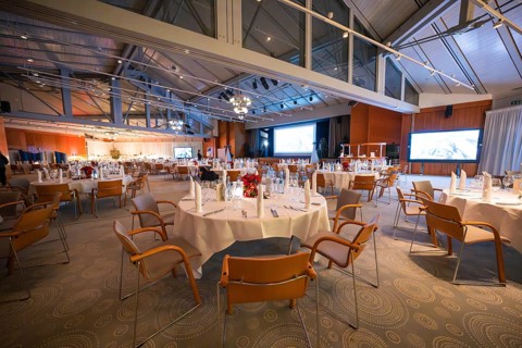 Spacious festively decorated hall with set tables and wide screen, Christmas party Dekra