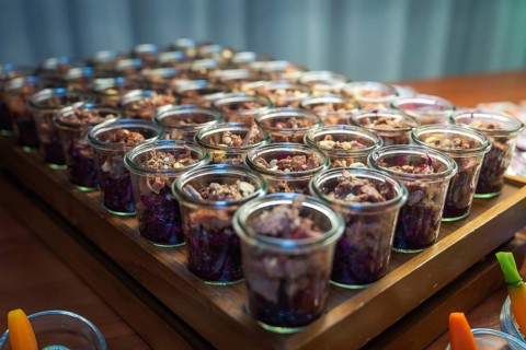 Rustic presentation of layered desserts in glasses, Christmas party Dekra Congresshotel Wart, Calw