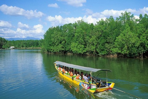 Sightseeing boat in Phangnga Bay near Ko Phuket, Thailand, December 2002, vintage, retro, old,