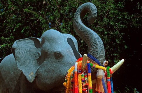 Decorated elephant figure in Wat Chalong monastery, Ko Phuket, Thailand, December 2002, vintage,