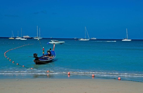 Longtail boat and yachts on Patong Beach, Ko Phuket, two years in front of the tsunami, Thailand,