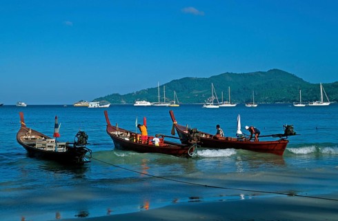 Longtail boats and yachts on Patong Beach, Ko Phuket, two years in front of the tsunami, Thailand,