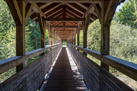 Covered wooden bridge over the Weissach river, Kreuth, Tegernseer Tal, Upper Bavaria, Bavaria,