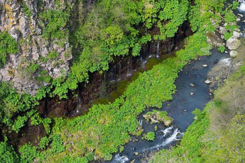 River snakes along rocks and thick vegetation, framed by steep cliffs, Dashbashi Gorge and