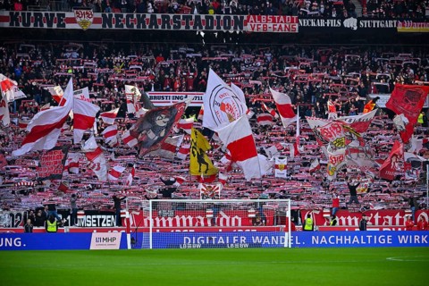 Cannstatter Kurve, VfB Stuttgart, fan block, fans, fan curve, flags, atmosphere, atmospheric,