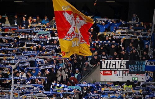 Fan block, fans, fan curve, flags, atmosphere, atmospheric TSG 1899 Hoffenheim, MHPArena, MHP Arena