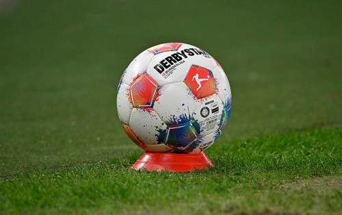 Adidas Derbystar game ball is on cones, marker plate, for ball boys, MHPArena, MHP Arena Stuttgart,