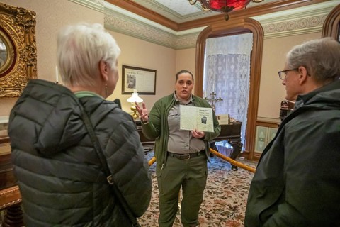 Canton, Ohio - A park ranger leads a guided tour of the Ida Saxton McKinley House at the First
