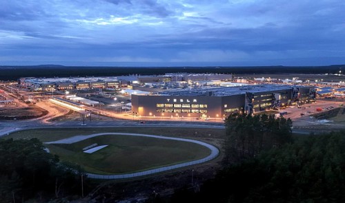 Tesla Gigafactory at the blue hour, Grünheide, 19.12.2025, Grünheide, Brandenburg, Germany