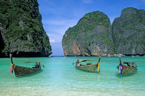 Longtail boats on Maya Bay beach, known from the movie The Beach, one year in front of the tsunami,