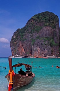 Longtail boat on Maya Bay beach, known from the movie The Beach, one year in front of the tsunami,