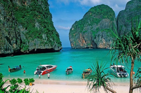 Palm tree and boats on Maya Bay beach, known from the movie The Beach, one year in front of the