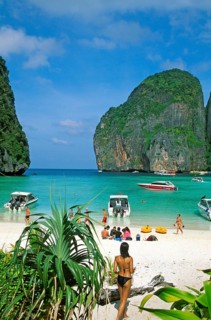Palm tree, people, longtail boats on Maya Bay beach, known from the movie The Beach, one year in