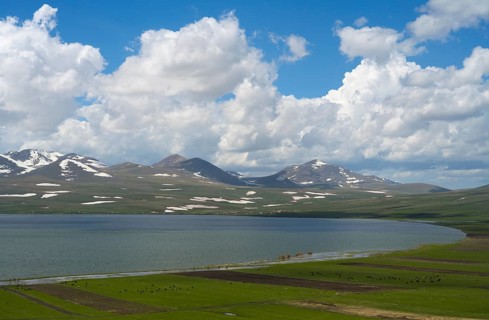 Tranquil landscape with a lake and snow-capped mountains next to it, Lake Parawani,