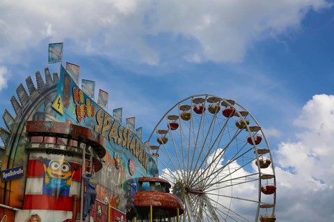 Spaßstraße sign, fun factory sign, right back Ferris wheel, fairground in Ulm Friedrichsau, public