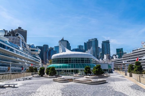 Canada place, a prominent landmark and cruise ship terminal in vancouver, british columbia, stands