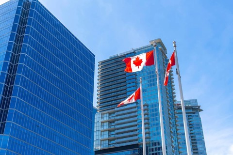 Three canadian flags are waving proudly against a backdrop of modern skyscrapers in downtown