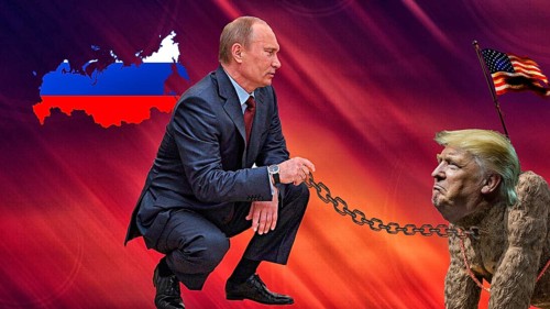 Symbolic image, Putin keeps Trump on chain, deals Ukraine to Putin, sells land to war criminal, US